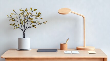 A clean and modern desk arrangement featuring a potted plant, a wooden desk lamp, a laptop, and writing utensils.