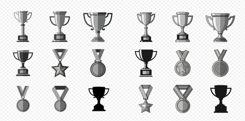 A collection of various silver and gray trophies and medals on a transparent background, representing achievement and success.