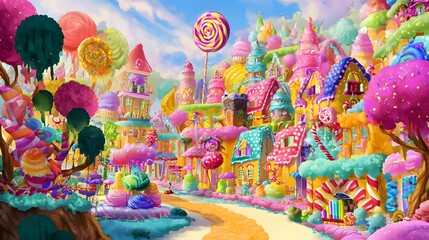 Naklejka premium A delightful candy world whimsical buildings sugar trees joyful fantasy digital art scene