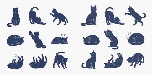 Collection of dark blue cat silhouettes in various poses on a transparent background.