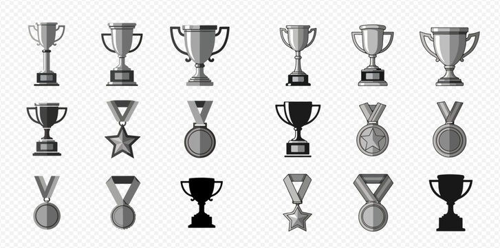 A collection of various silver and gray trophies and medals on a transparent background, representing achievement and success.