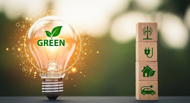 Sustainable green energy concepts with light bulb and eco icons
