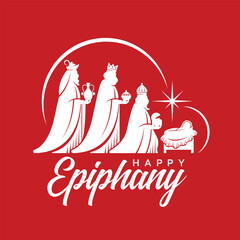 Obraz premium Happy Epiphany Day, Christian festival - White three wise men and baby jesus under star light and curve line on red background vector design