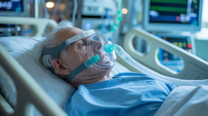 Elderly patient in hospital bed wearing breathing mask connected to medical equipment.