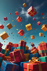 Gift boxes coming down from the sky.
