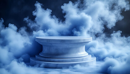 Abstract Blue Smoke Over Marble Platform Modern Design