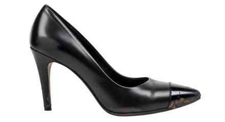 Elegant high heel shoe with visible dirt on heel tip and sole, scratches on surface, isolated on clean white background.