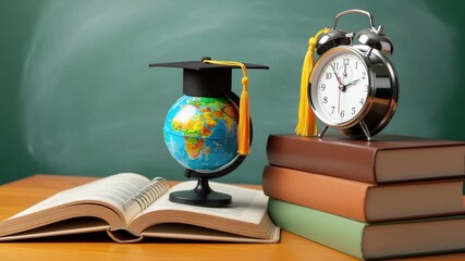 Graduation cap on globe, open book, and vintage alarm clock symbolize global education and time investment 4k high quality footage - Powered by Adobe