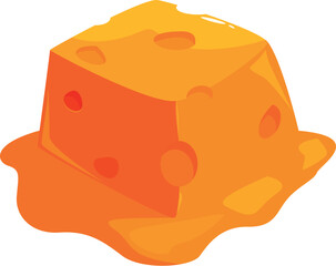 Square block of cheese is melting, forming a puddle of cheese