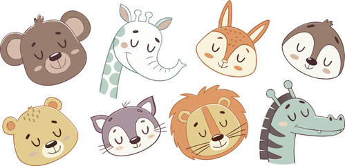 Pastel minimal animal face icons collection. Sweet wildlife heads for baby shower, nursery posters, kids branding, stickers and storybooks. Vector EPS