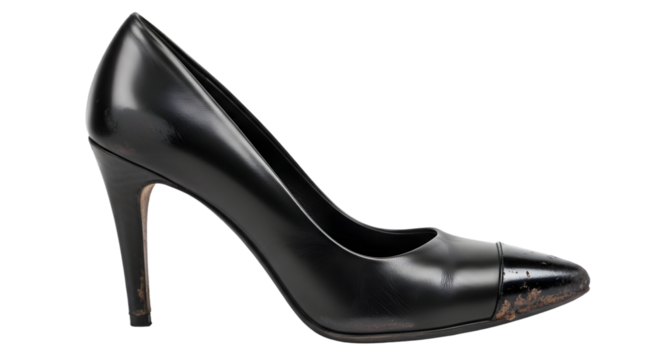 Elegant high heel shoe with visible dirt on heel tip and sole, scratches on surface, isolated on clean white background.