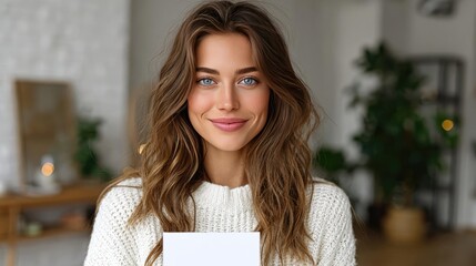 Empty paper card in woman's hands with modern interior concept. Smiling woman holding a blank card in cozy indoor setting.