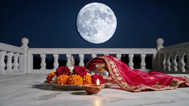 Karva Chauth Puja Thali under Full Moon