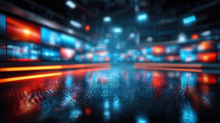 Blurred news studio with screens and lights concept. Dynamic broadcast studio with vibrant lighting and modern design.