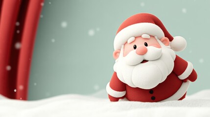 Cute 3D Santa Claus peeking from red curtain with snow