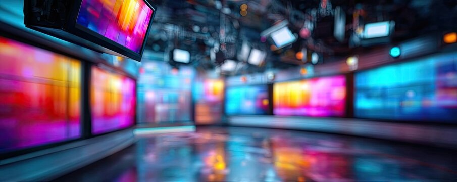 Blurred news studio with screens and lights concept. Vibrant studio set with colorful screens and camera equipment.