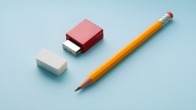 A yellow pencil, white eraser, and red pencil sharpener neatly arranged on a light blue background, essential school and office supplies