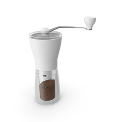 White manual coffee grinder with freshly ground coffee