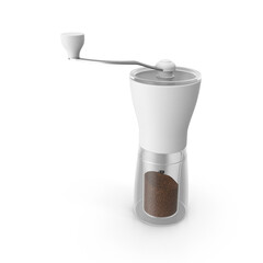 White manual coffee grinder with freshly ground coffee