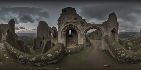 Fantasy Majestic ancient castle ruins - Equirectangular 360 degree landscape