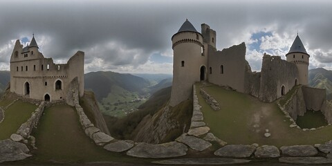Fantasy Majestic ancient castle ruins - Equirectangular 360 degree landscape