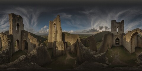 Fantasy Majestic ancient castle ruins - Equirectangular 360 degree landscape