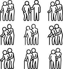 Elderly couple silhouette icons showing support and companionship