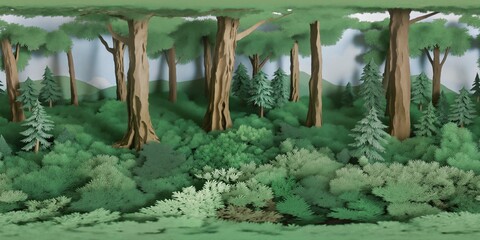 A papercraft forest landscape - Equirectangular 360 degree landscape