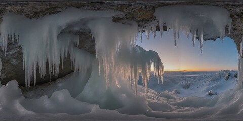 Dawn in an ice cave with icicles - Equirectangular 360 degree landscape