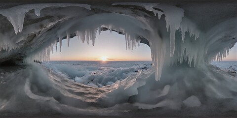 Dawn in an ice cave with icicles - Equirectangular 360 degree landscape