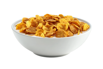 Bowl of corn flakes with milk Keywords: cereal, corn flakes, breakfast, milk isolated on a transparent background