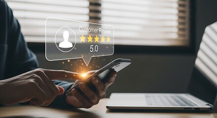 Person using smartphone with holographic user profile interface displaying rating and data analytics on a desk with laptop