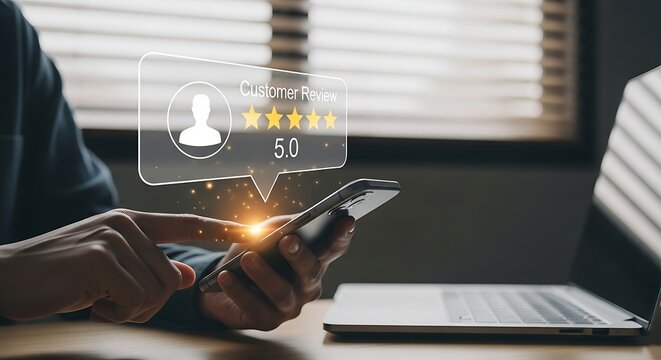 Person using smartphone with holographic user profile interface displaying rating and data analytics on a desk with laptop