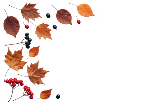 Autumn maple leaves and berries falling in a corner isolated on transparent background