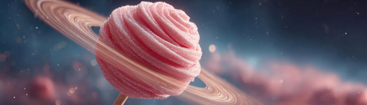 Pink cotton candy in front of ferris wheel concept. A dreamy cotton candy planet surrounded by cosmic rings.