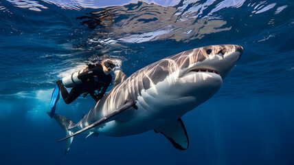 Fototapeta premium A diver in scuba gear swims alongside a powerful great white shark in the deep blue ocean, capturing a moment of awe and respect for marine predators