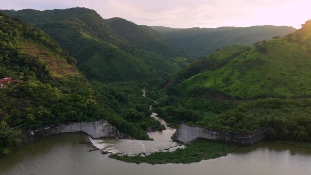 Dense Mountain Ridges At Sunset In Presa El Carrizo (El Carrizo Dam) In Tamazula de Gordiano, Jalisco, Mexico. Aerial Drone Shot