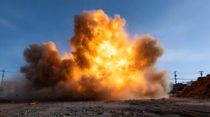 Massive explosion erupts with bright flames smoke and flying debris under a clear blue sky