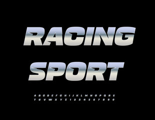 Fototapeta premium Vector Activity banner Racing Sport with Trendy Chrome Alphabet Letters and Numbers set. Metallic Dynamic Font