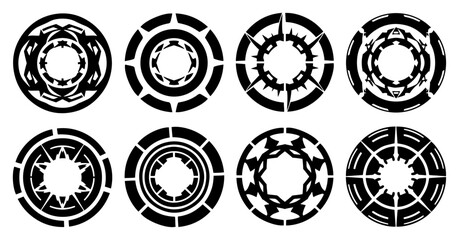 Set of abstract futuristic technology circles and tribal tattoo vector ornaments with geometric sci-fi round frames and black design elements © Kaz