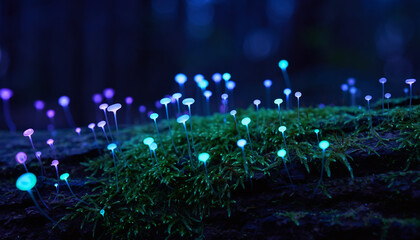 Magical glowing bioluminescent mushrooms in an enchanted fantasy forest at night