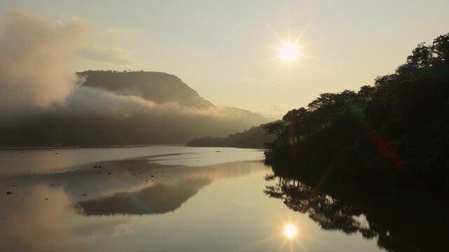 Nature Mirror Reflections Over Reservoir Of Presa EL Carrizo In Tamazula de Gordiano, Jalisco, Mexico. Aerial Wide Shot