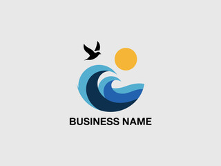 An abstract logo design featuring dynamic waves, a radiant sun, and a bird in flight, symbolizing freedom and the beauty of nature and coastal environments.