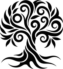 Stylized tree of life symbol, elegant roots and swirling branches