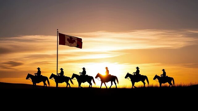 Majestic Canadian horseback riders journey at sunset, with flag waving proudly in golden light 4k high quality footage