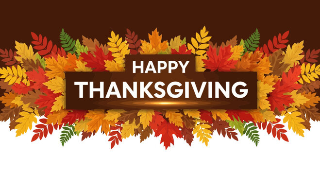 Happy thanksgiving banner with colorful autumn leaves and a festive message for the holiday season