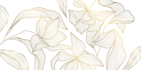 Fototapeta premium Luxury vector golden floral line art background featuring elegant flowers, delicate leaves, modern oriental style. Premium wedding invitations
