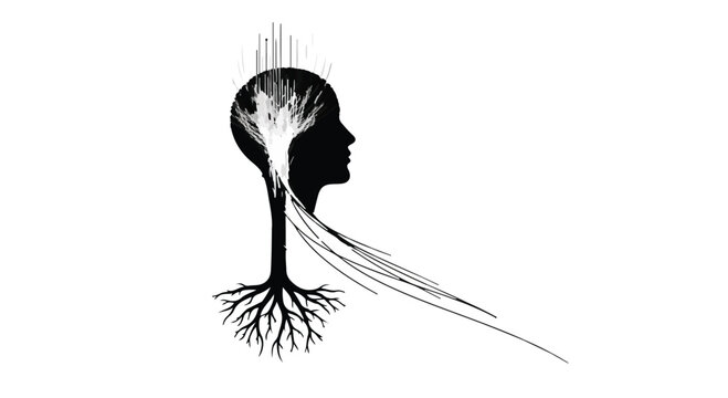 Silhouette of a head with tree roots and branches, symbolizing growth and knowledge