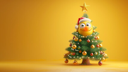 Christmas tree with emoji face and Santa hat on yellow background