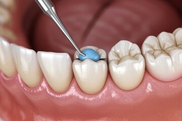 Close up dental filling placement procedure in clinic illustration